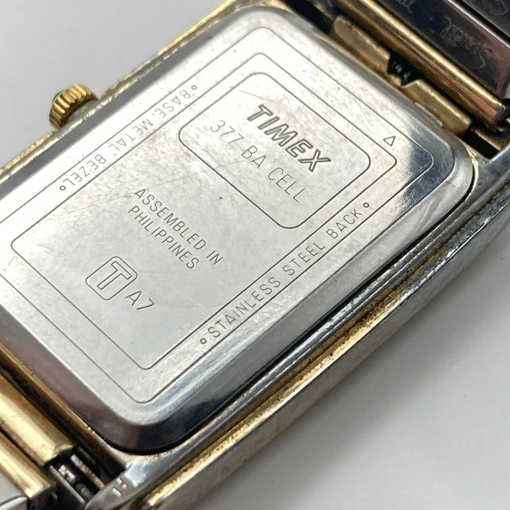 Vintage Timex Men's Tank Watch 25mm Gold Tone Striped Dial New Battery 7